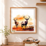 Finished two elks in autumn cross stitch artwork displayed as home decor