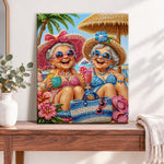 Finished two fun grandmas on beach pearl diamond painting artwork displayed as home decor