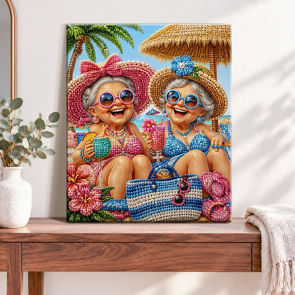 Finished two fun grandmas on beach pearl diamond painting artwork displayed as home decor
