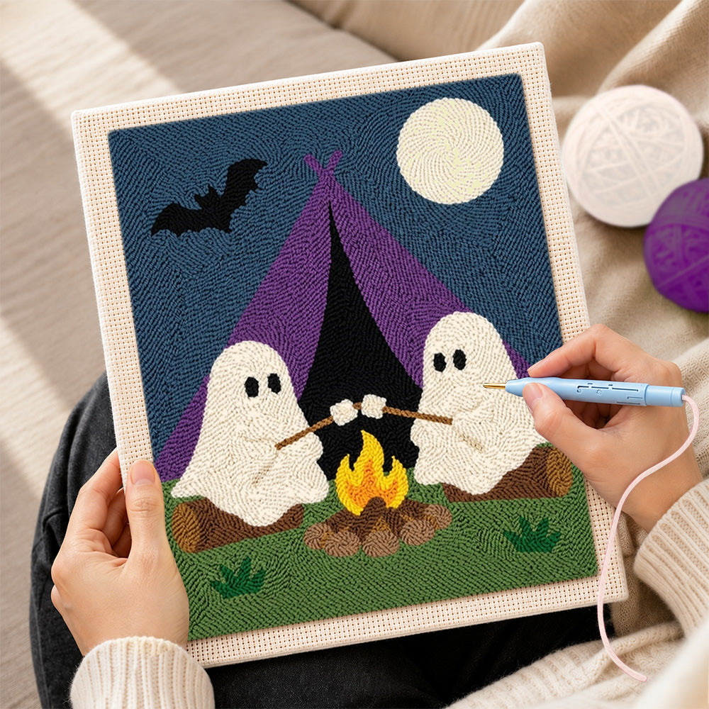 Creating handmade two ghosts camping punch needle artwork
