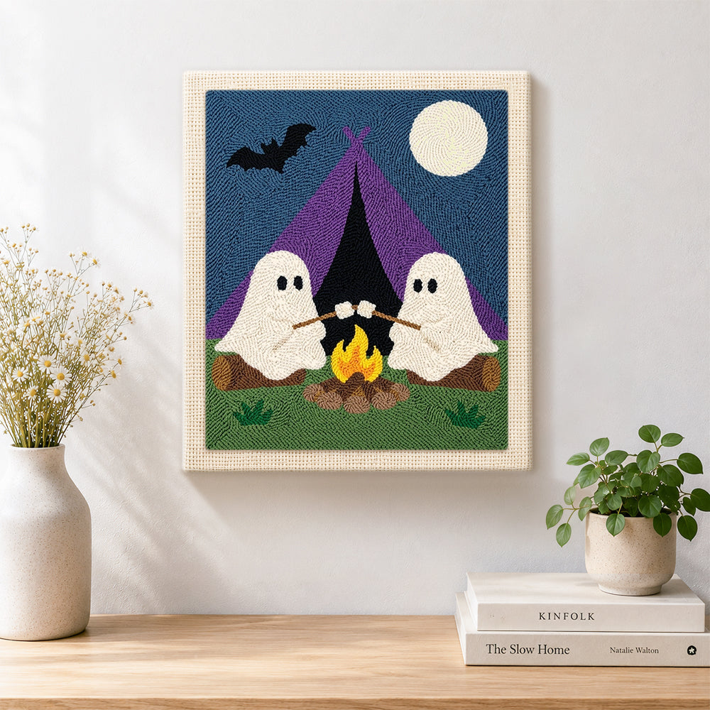Finished two ghosts camping artwork displayed on a wall