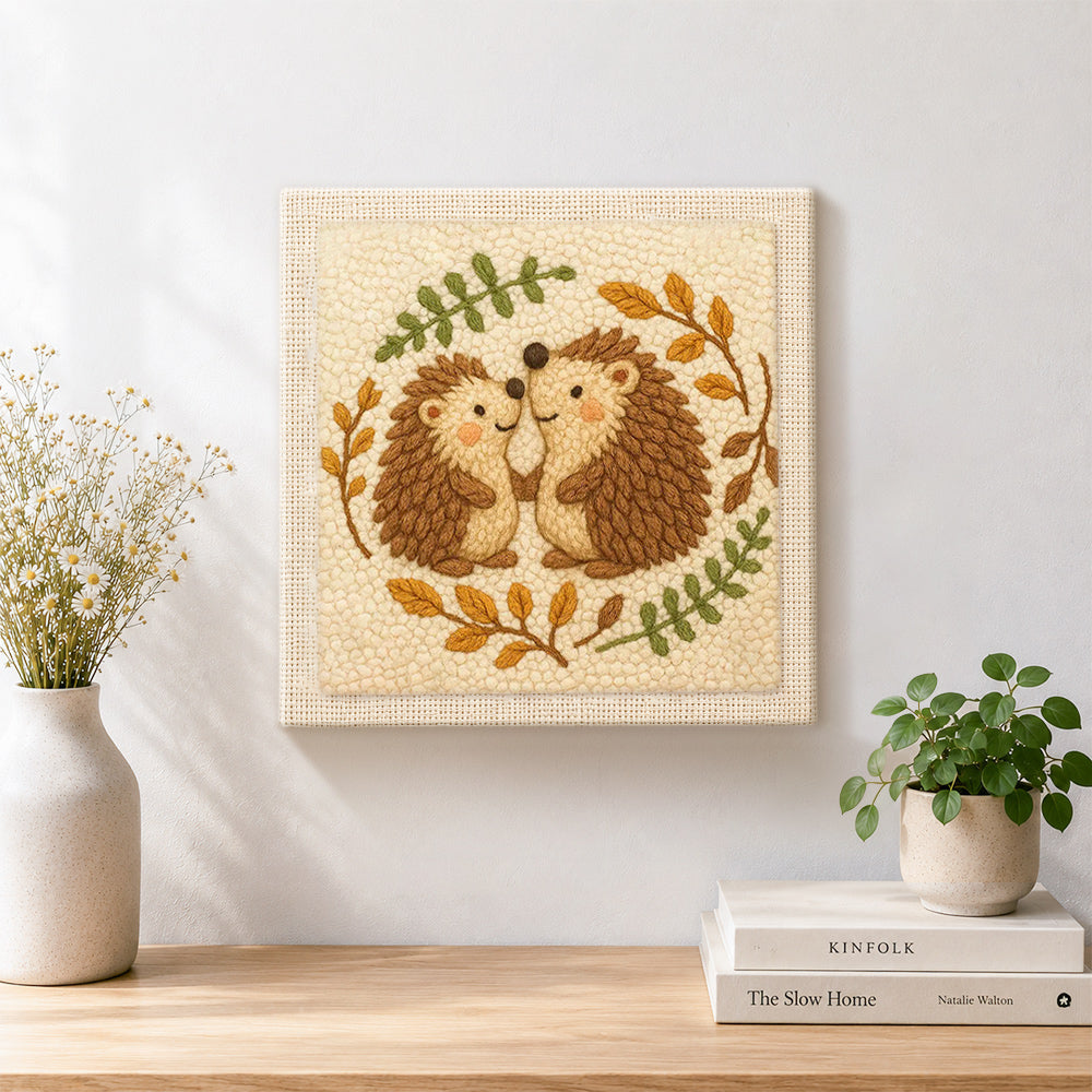 Finished two hedgehogs in love artwork displayed on a wall