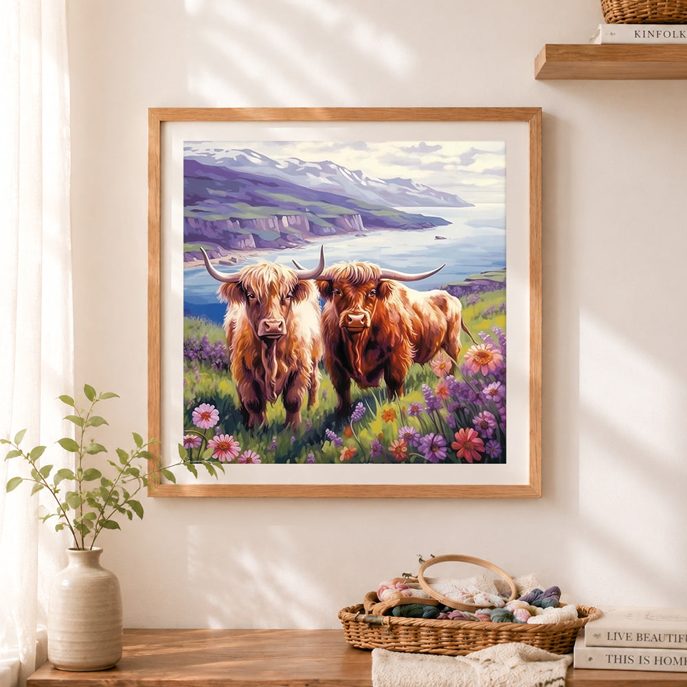 Finished two highland cows by coastal cliffs cross stitch artwork displayed as home decor