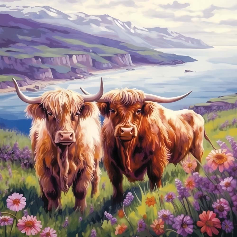 Two highland cows by coastal cliffs cross stitch kit for beginners