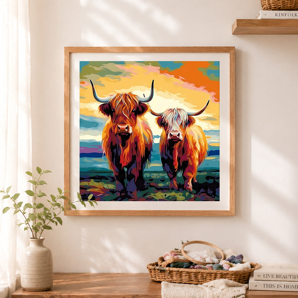 Finished two highland cows cross stitch artwork displayed as home decor