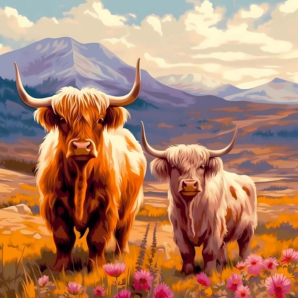 Two highland cows on mountain valley cross stitch kit for beginners