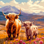 Two highland cows on mountain valley cross stitch kit for beginners