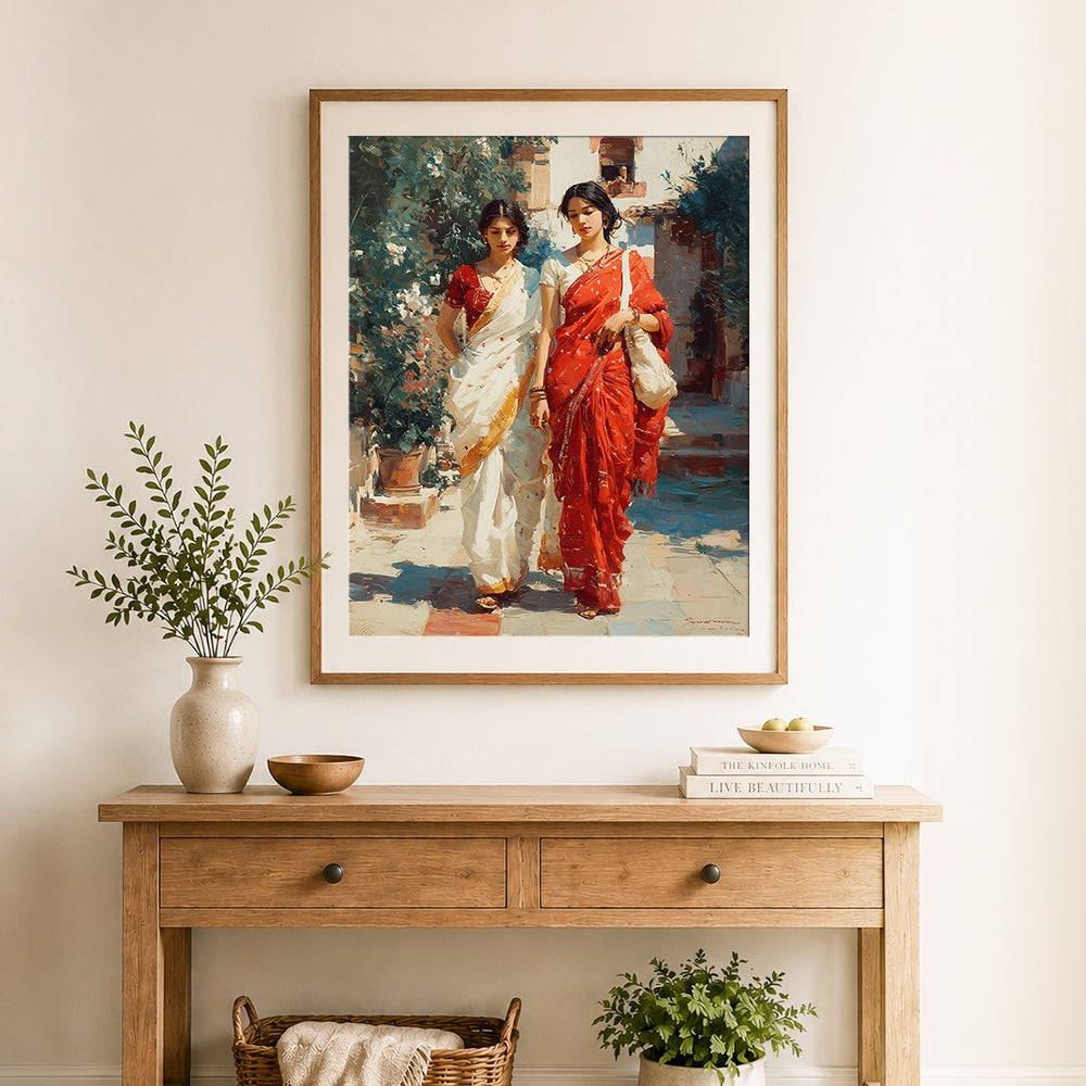 Finished two indian women in saris cross stitch artwork displayed as home decor