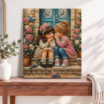Finished two little girls sharing secrets pearl diamond painting artwork displayed as home decor