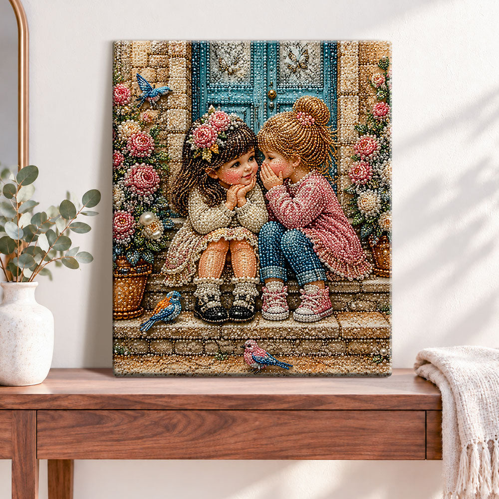 Finished two little girls sharing secrets pearl diamond painting artwork displayed as home decor