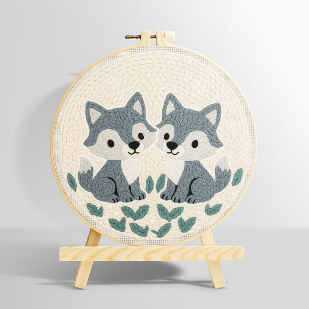Two little gray foxes punch needle kit for beginners