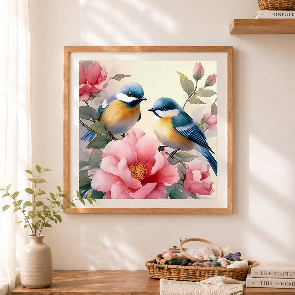 Finished two lovely finches and pink bloom cross stitch artwork displayed as home decor