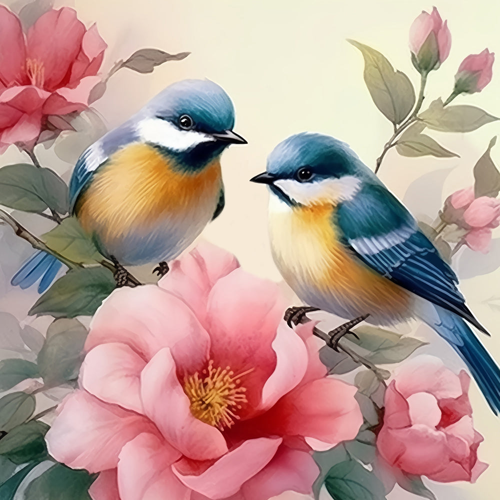 Two lovely finches and pink bloom cross stitch kit for beginners
