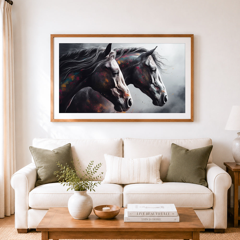 Finished two painted wild horses cross stitch artwork displayed as home decor