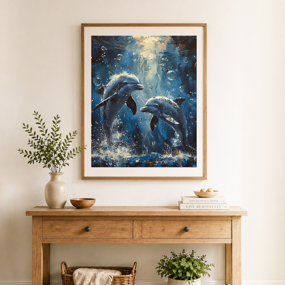 Finished two playful dolphins cross stitch artwork displayed as home decor