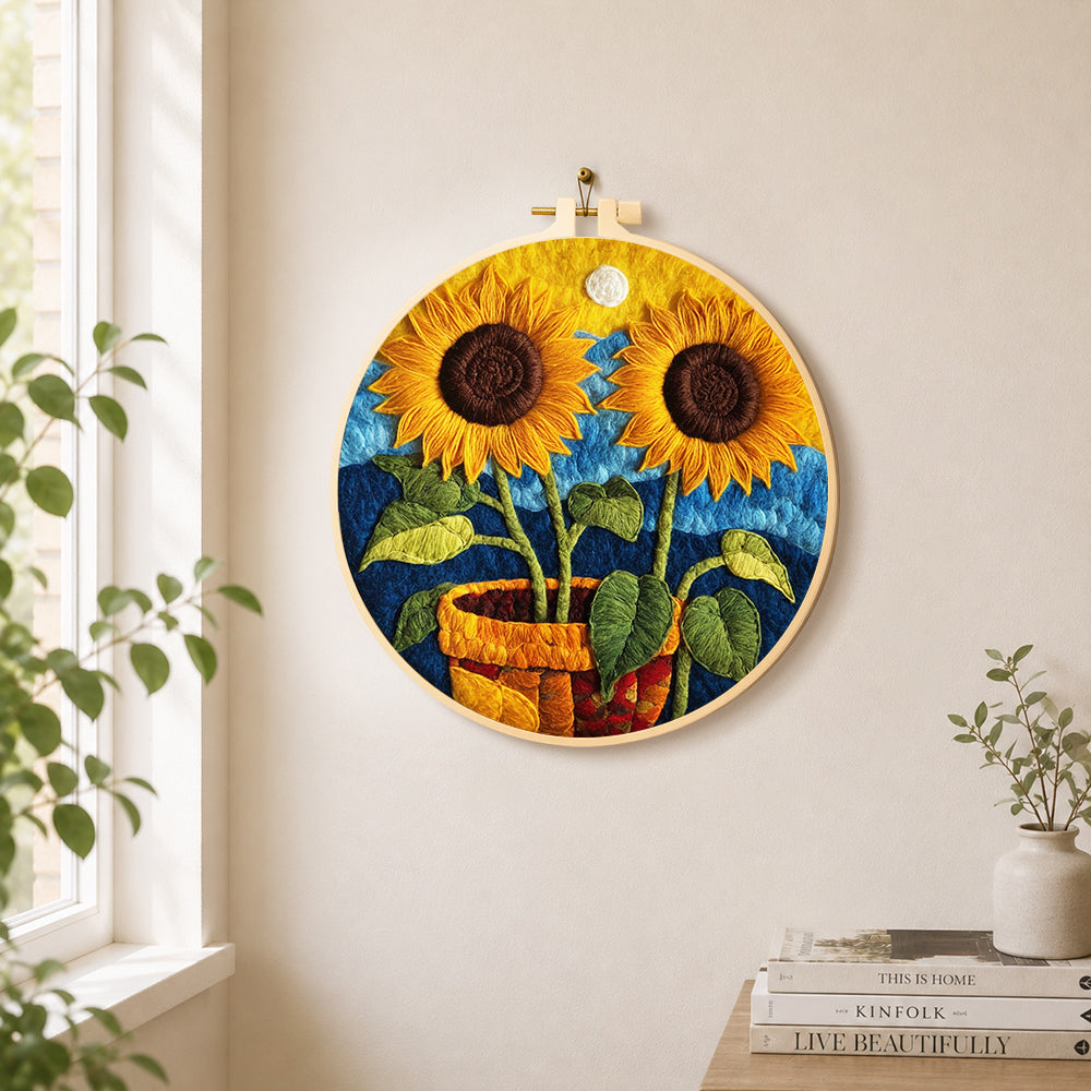 Two potted sunflowers needle felt wall art displayed in a bright home interior