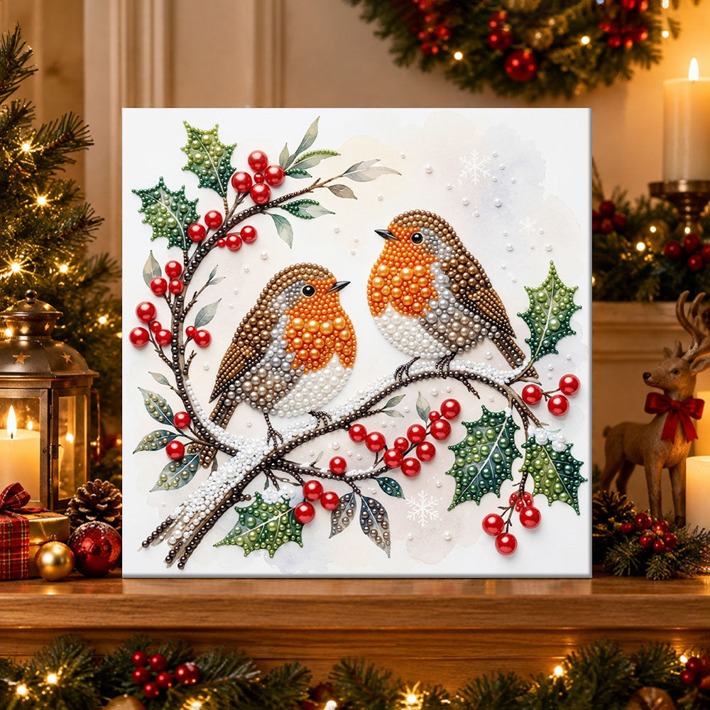 Finished two robins on holly branch pearl diamond painting artwork displayed as holiday home decor