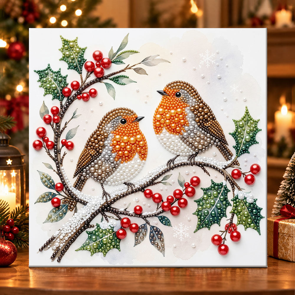 Two robins on holly branch pearl diamond painting kit for beginners