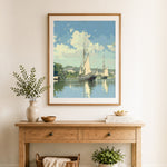 Finished two sailboats on calm water cross stitch artwork displayed as home decor