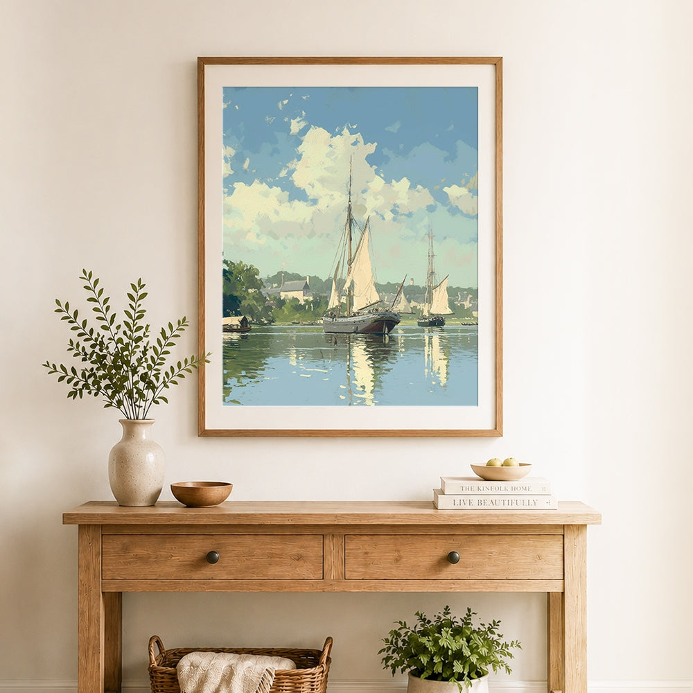 Finished two sailboats on calm water cross stitch artwork displayed as home decor