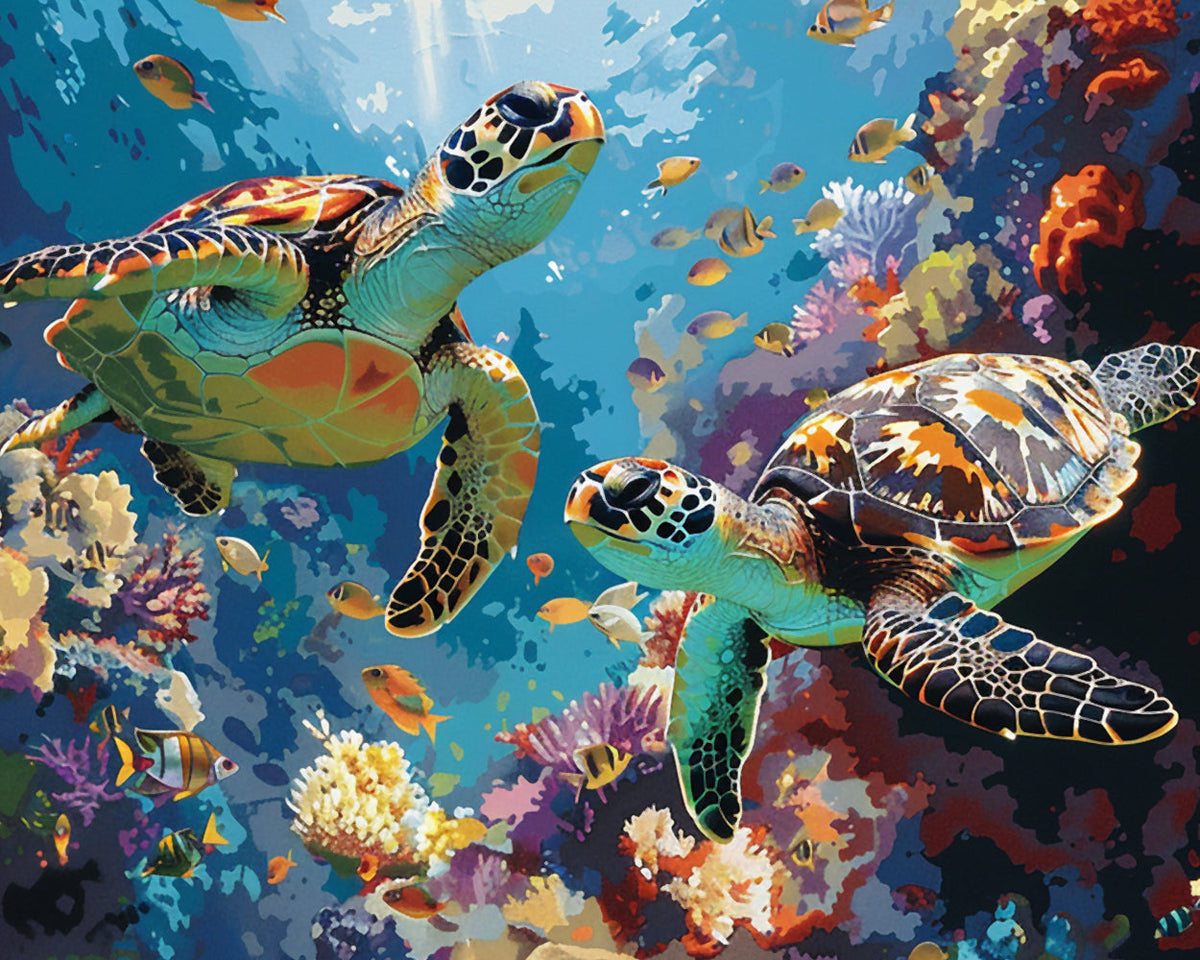 Two sea turtles in vibrant coral reef cross stitch kit for beginners