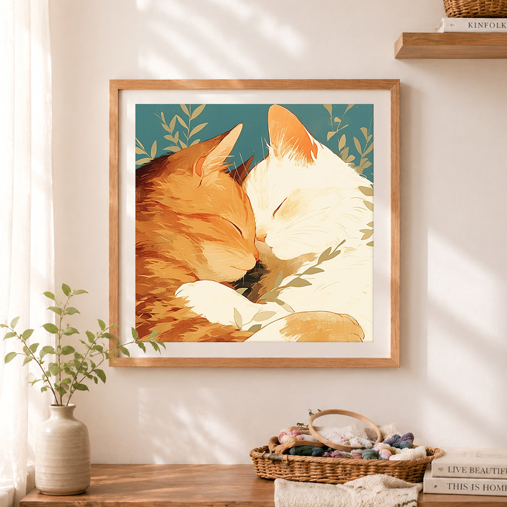 Finished two sleeping cats foliage cross stitch artwork displayed as home decor