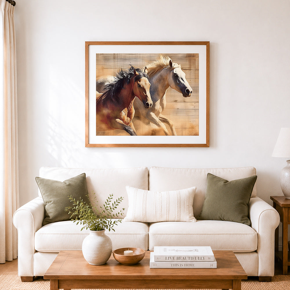 Finished two stallions running wild cross stitch artwork displayed as home decor