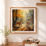 Finished two tigers on forest path cross stitch artwork displayed as home decor