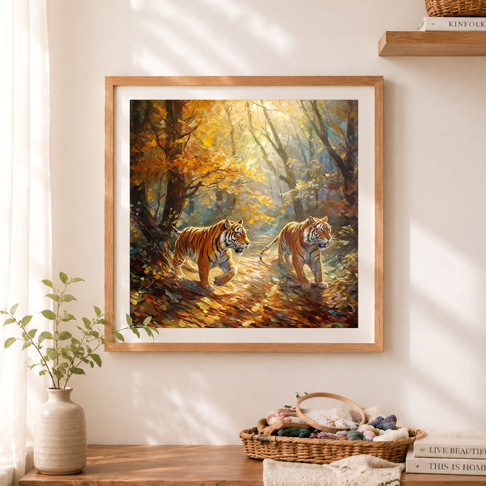 Finished two tigers on forest path cross stitch artwork displayed as home decor