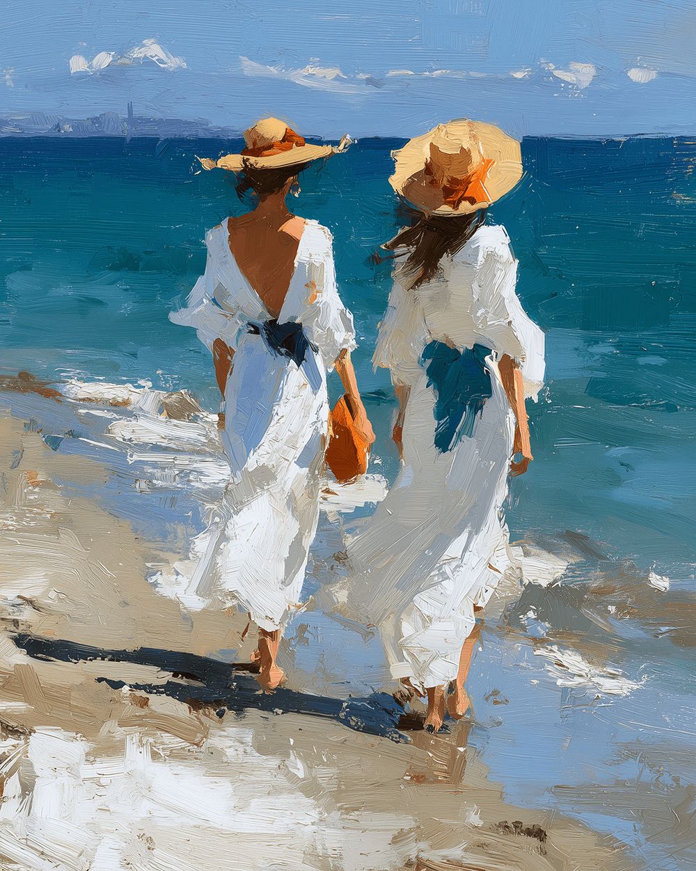 Two women in white dresses walking on beach cross stitch kit for beginners