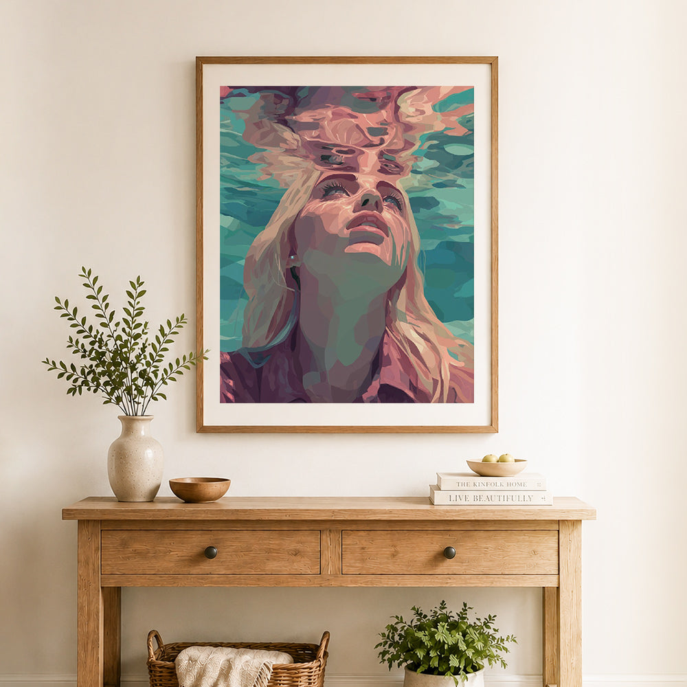 Finished underwater dream cross stitch artwork displayed as home decor
