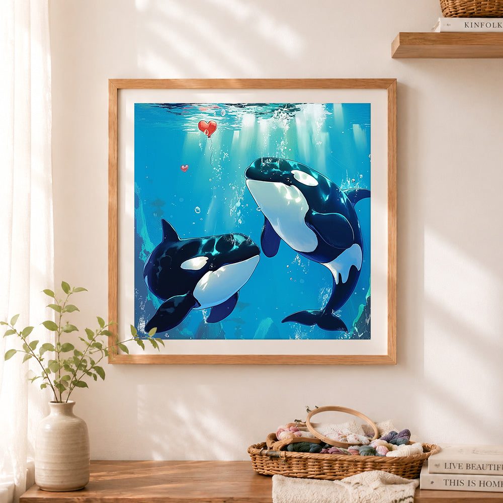 Finished underwater orca love moment cross stitch artwork displayed as home decor
