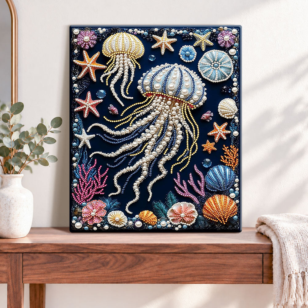 Finished underwater pearl jellyfish pearl diamond painting artwork displayed as home decor