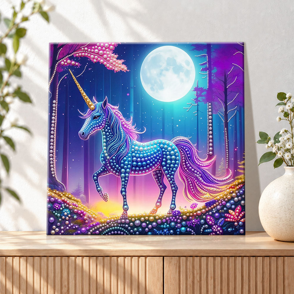 Finished unicorn in moonlit purple forest pearl diamond painting artwork displayed as holiday home decor
