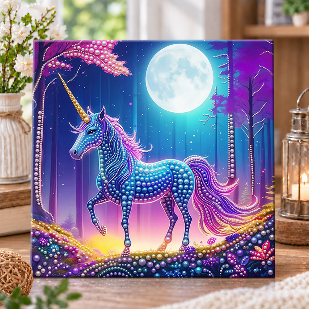 Unicorn in moonlit purple forest pearl diamond painting kit for beginners