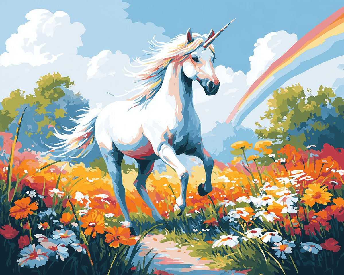 Unicorn in wild flower field cross stitch kit for beginners