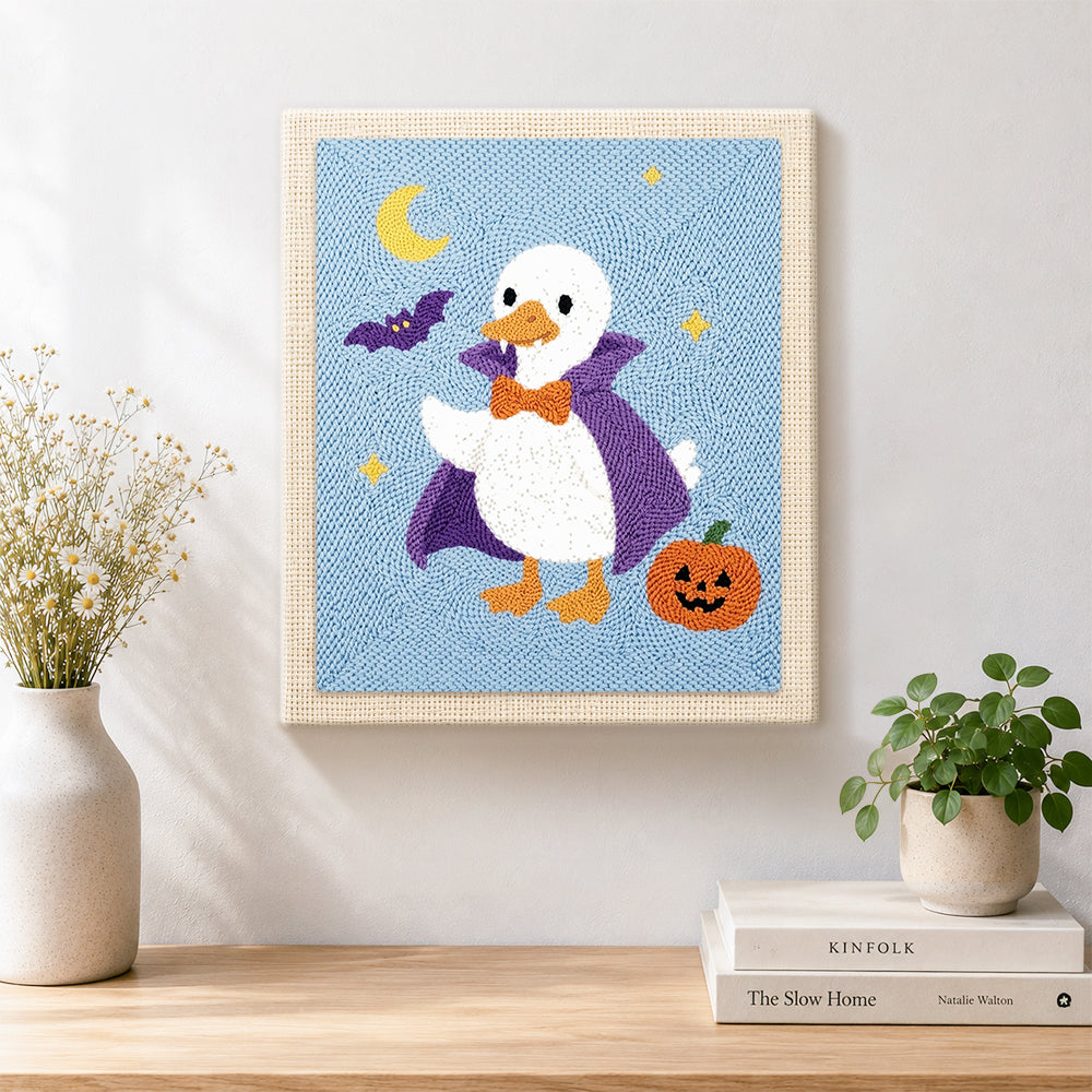 Finished vampire duck halloween style artwork displayed on a wall