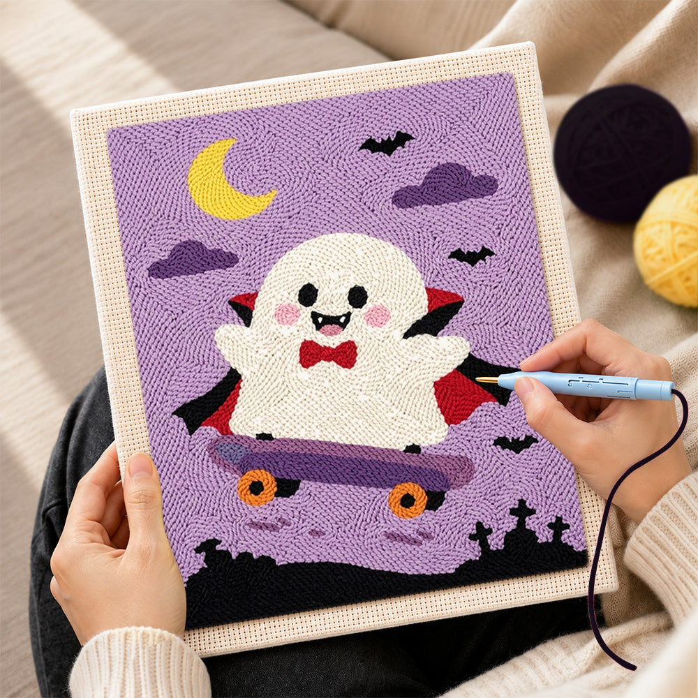 Creating handmade vampire ghost on skateboard punch needle artwork