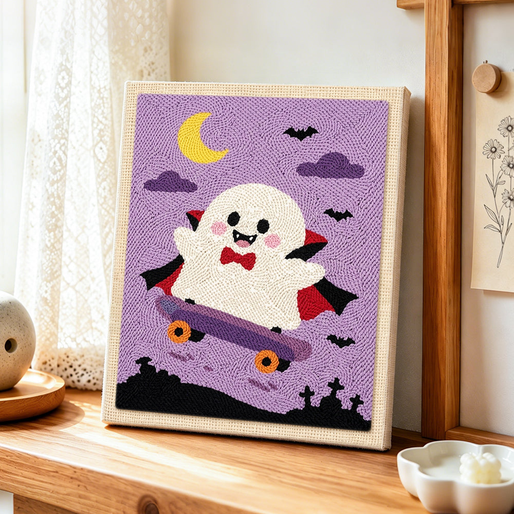 Vampire ghost on skateboard punch needle artwork displayed on a table