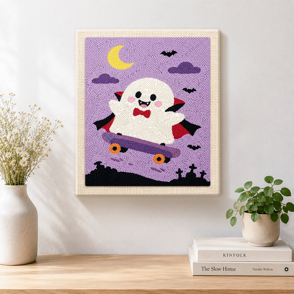 Finished vampire ghost on skateboard artwork displayed on a wall
