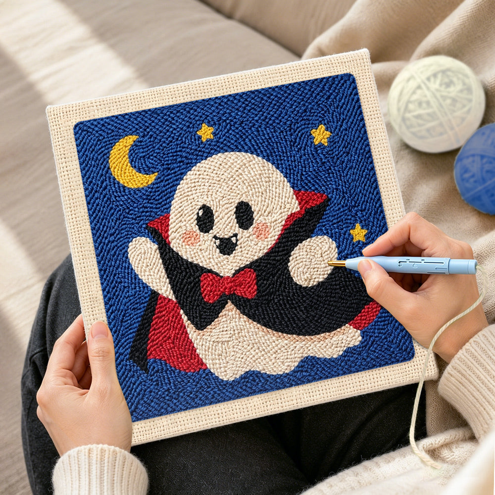 Creating handmade vampire ghost punch needle artwork