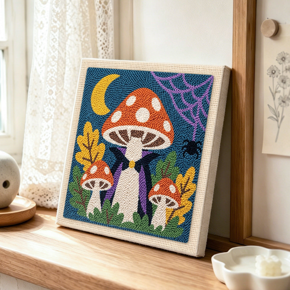 Vampire mushroom under crescent moon punch needle artwork displayed on a table