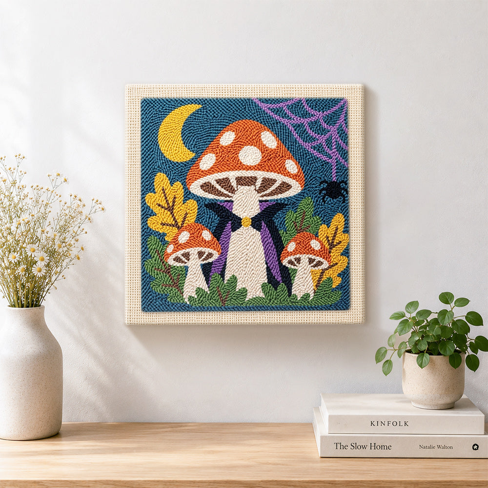 Finished vampire mushroom under crescent moon artwork displayed on a wall
