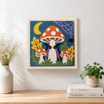 Finished vampire mushroom under crescent moon artwork displayed on a wall