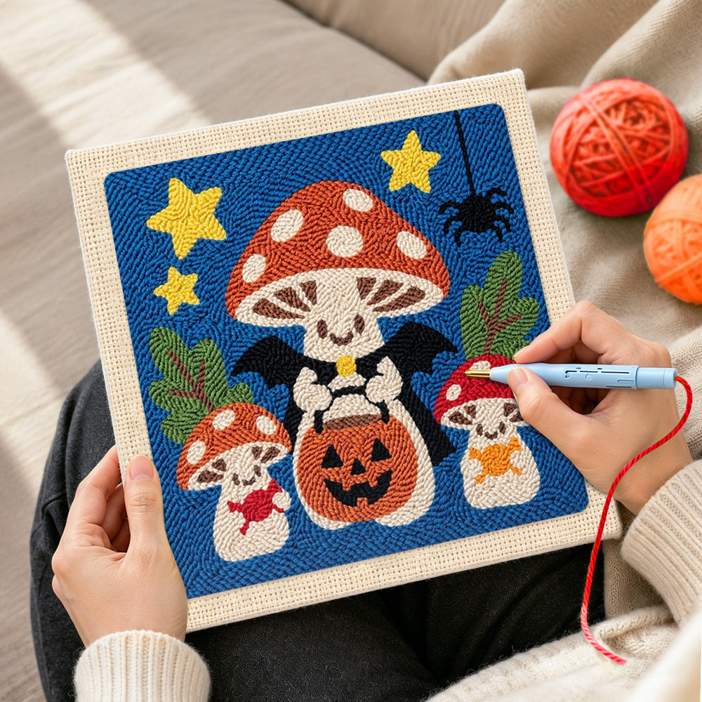 Creating handmade vampire mushrooms trick or treat punch needle artwork