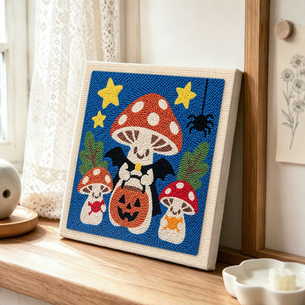 Vampire mushrooms trick or treat punch needle artwork displayed on a table