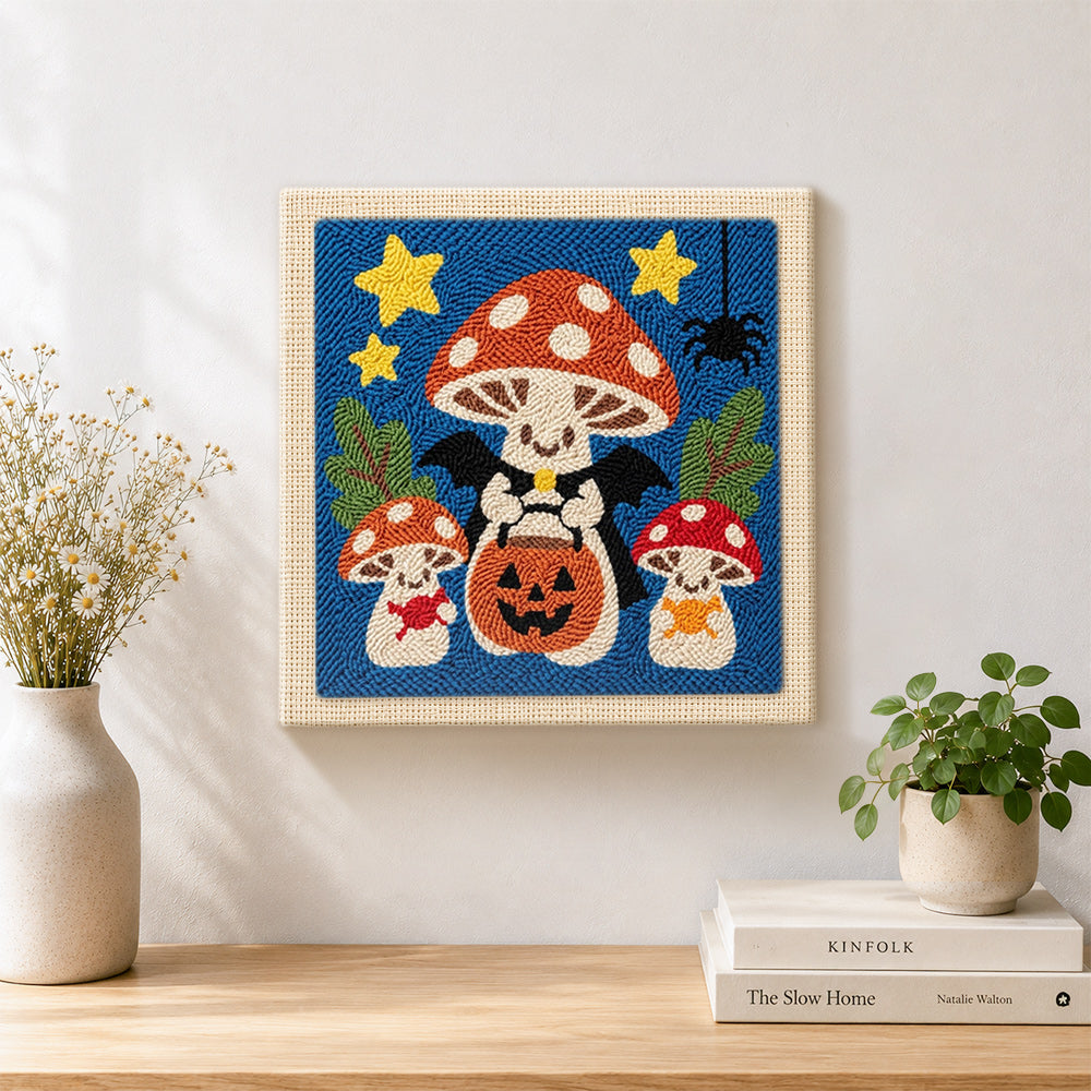 Finished vampire mushrooms trick or treat artwork displayed on a wall