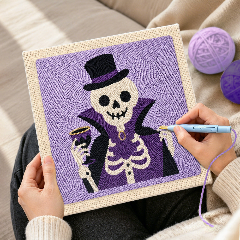 Creating handmade vampire skeleton punch needle artwork
