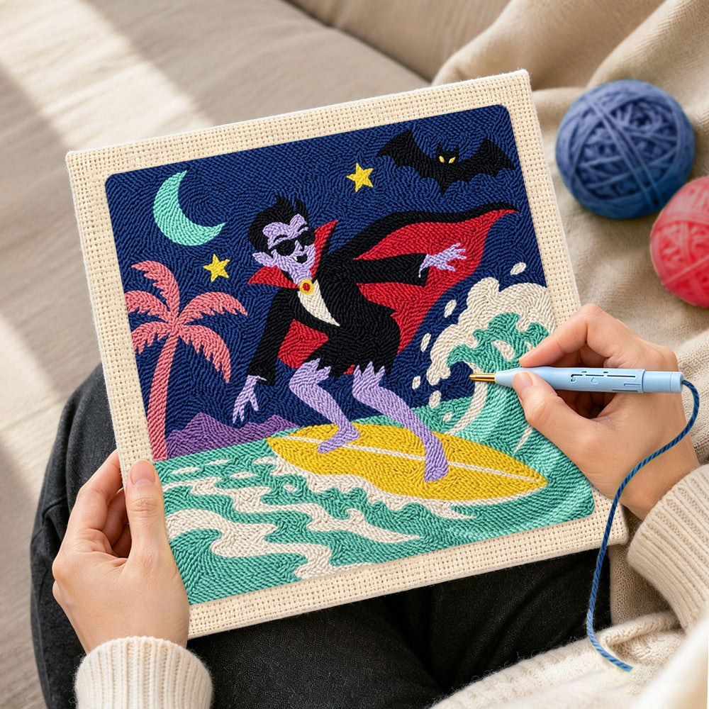 Creating handmade vampire surfing punch needle artwork