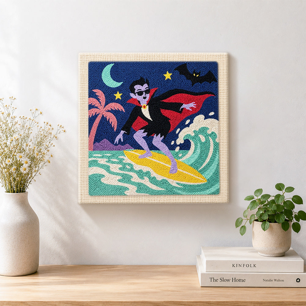 Finished vampire surfing artwork displayed on a wall
